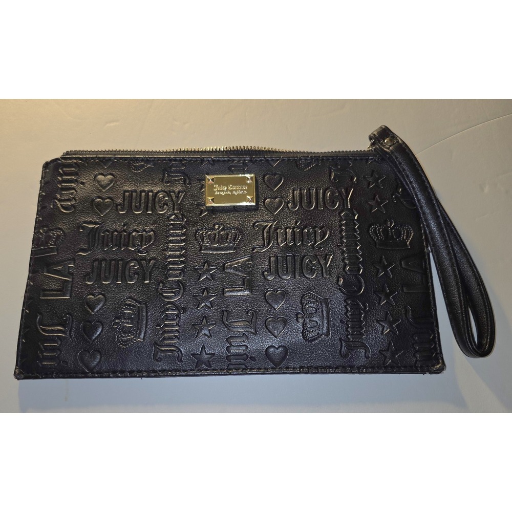 Juicy Couture Los Angeles Embossed Black Gold Logo Stud Daydream Wristlet Wallet
